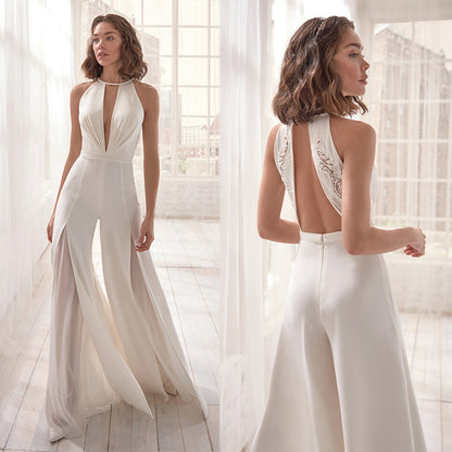 Elegante Witte Dames Gala Jumpsuit met Diepe V Hals en Wijde Pijpen