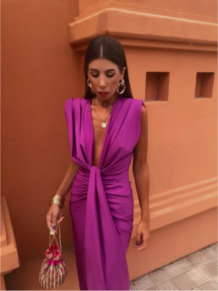Robe midi de gala chic pour femme avec décolleté plongeant en V et fente haute
