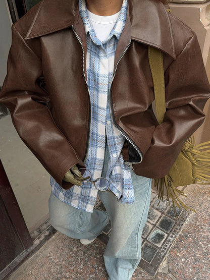 Leren Jas Dames Kort Bruin met Ritssluiting Zakken en Oversized Fit