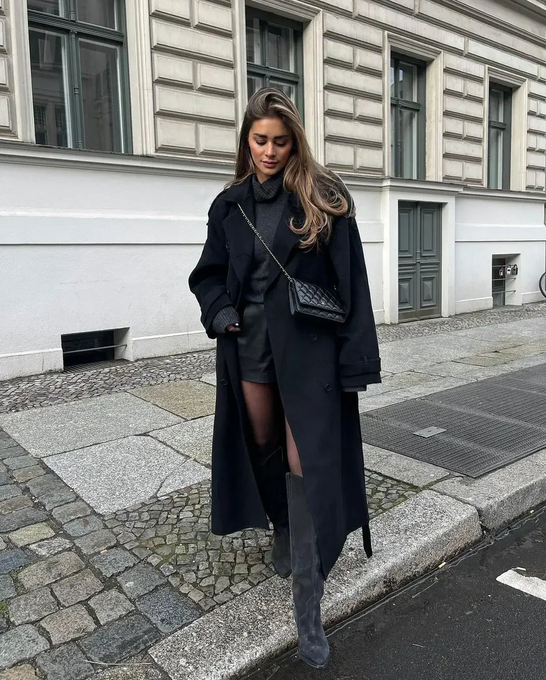 Zwarte Oversized Elegante Wollen Manteljas Dames