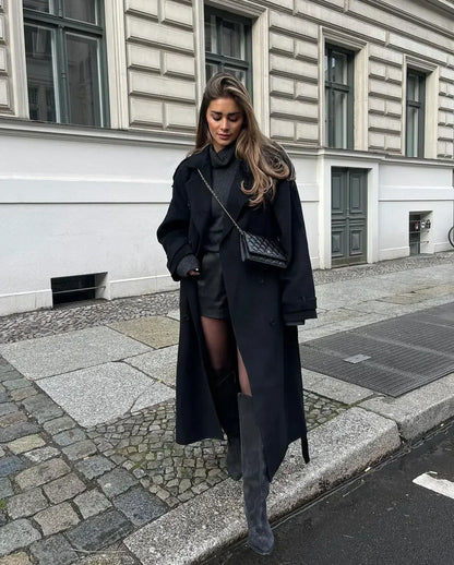Zwarte Oversized Elegante Wollen Manteljas Dames
