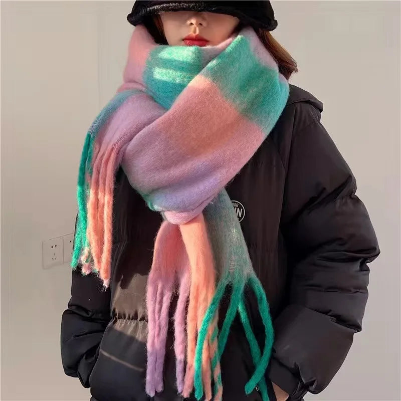Plaid Winter Scarf with Fringes for Women