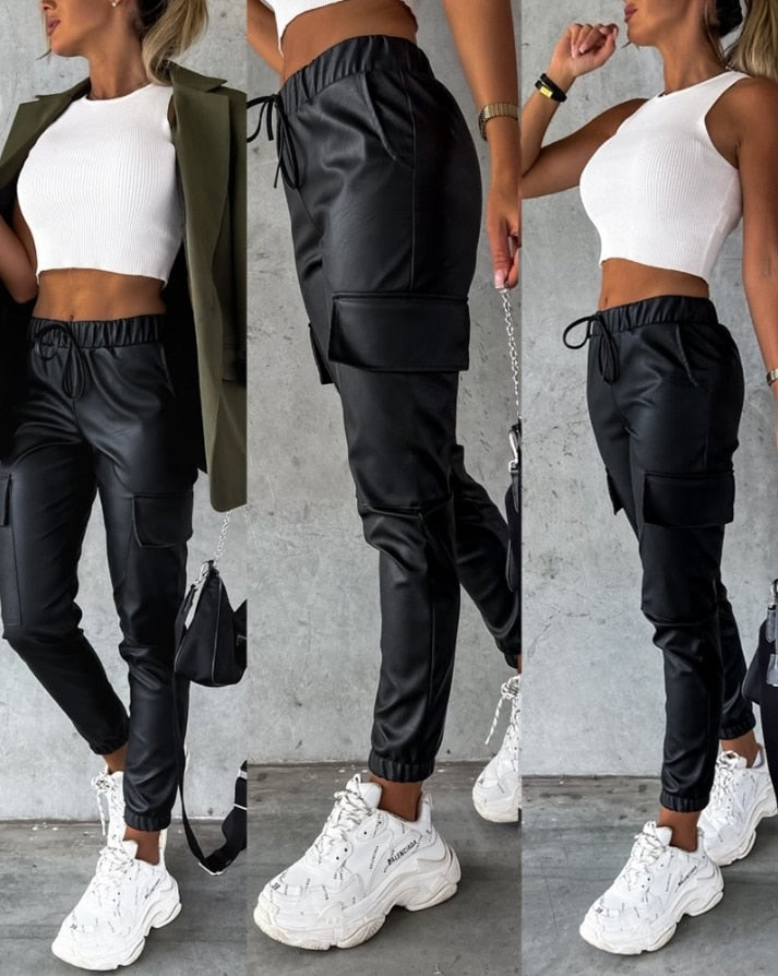 Pantalon Cargo Effet Cuir Noir pour Femme, Taille Haute et Bords Élastiques