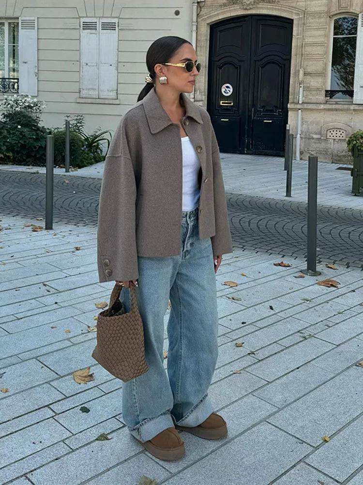 Oversized Luxe Wollen Korte Winterjas Vrouwen