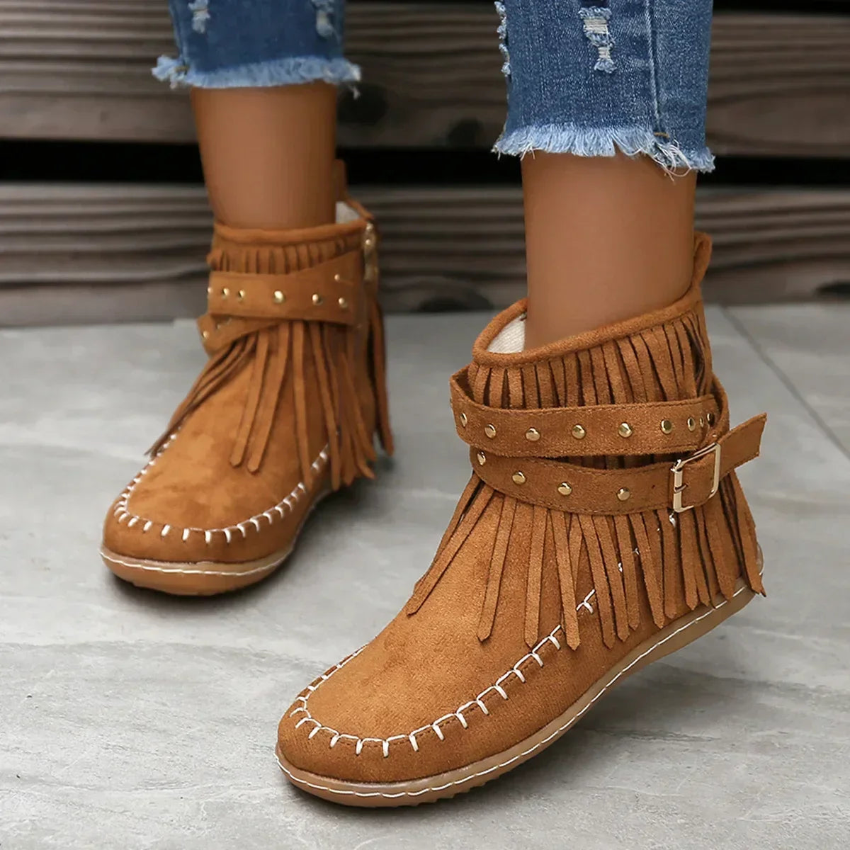 Women's Playful Suede Ankle Boots with Fringes and Studs