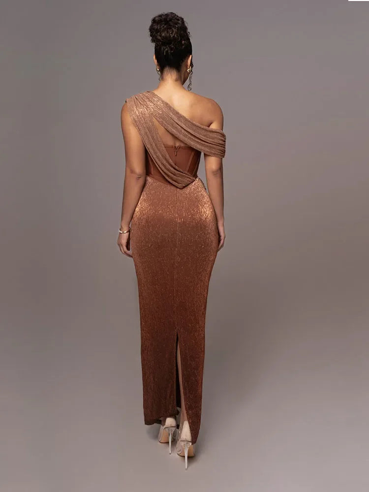 Robe de gala brillante une épaule avec fente longue robe de soirée pour femmes