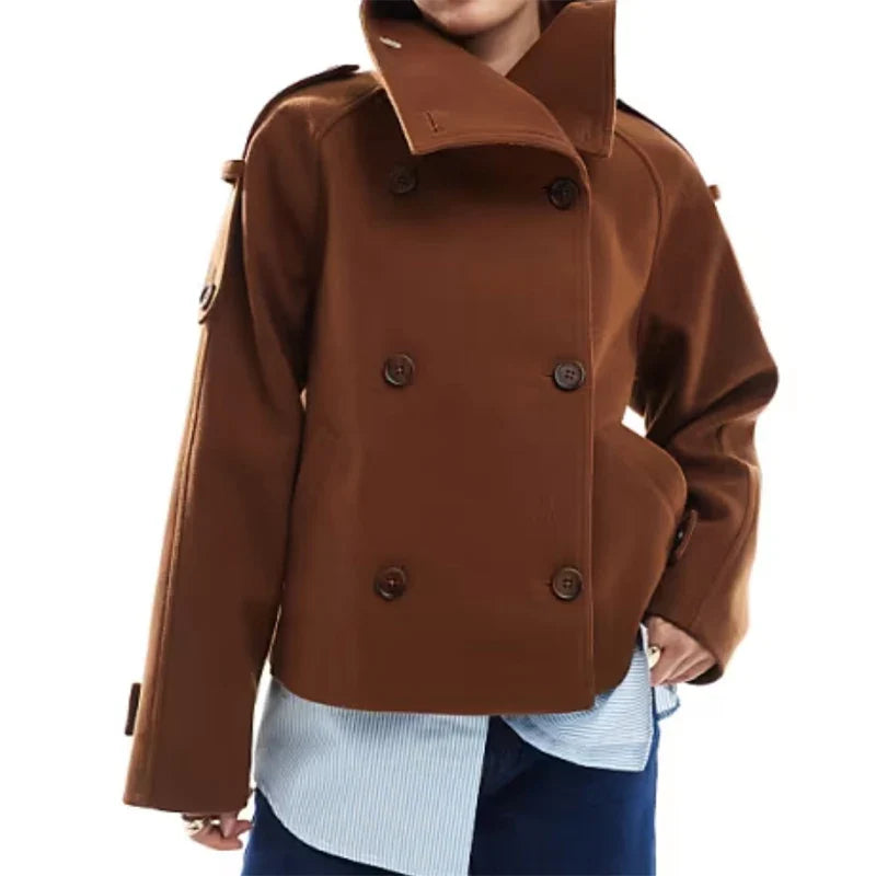 Korte Pea Coat voor Dames met Hoge Kraag en Dubbele Knoopsluiting