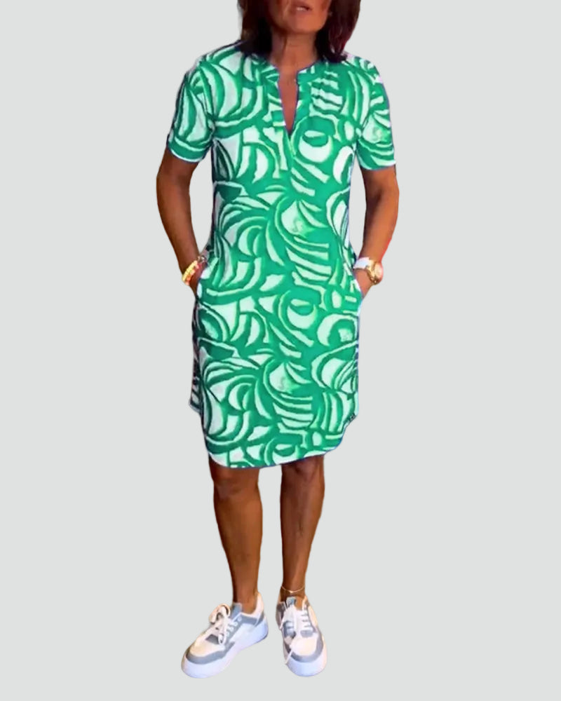 Casualowa sukienka midi dla kobiet z krótkimi rękawami i nadrukiem