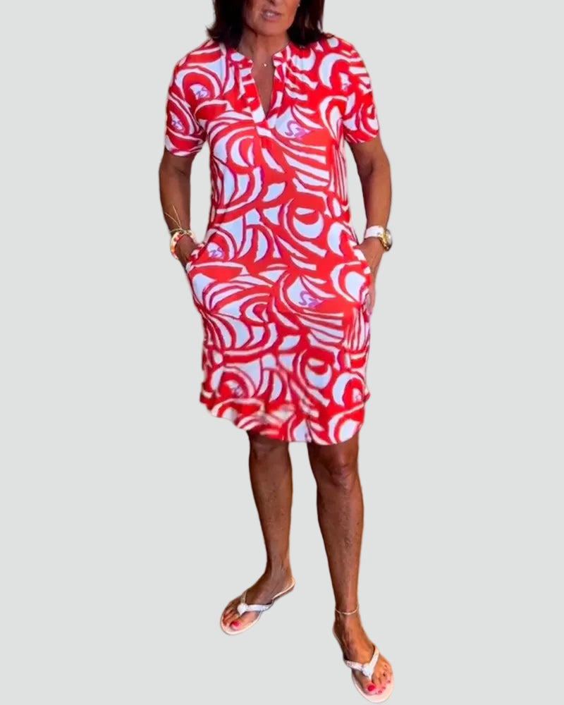 Casualowa sukienka midi dla kobiet z krótkimi rękawami i nadrukiem