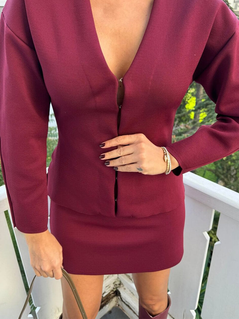 Getailleerde Gebreide Dames Top-en-Rok Set met V-Hals en Haaksluiting