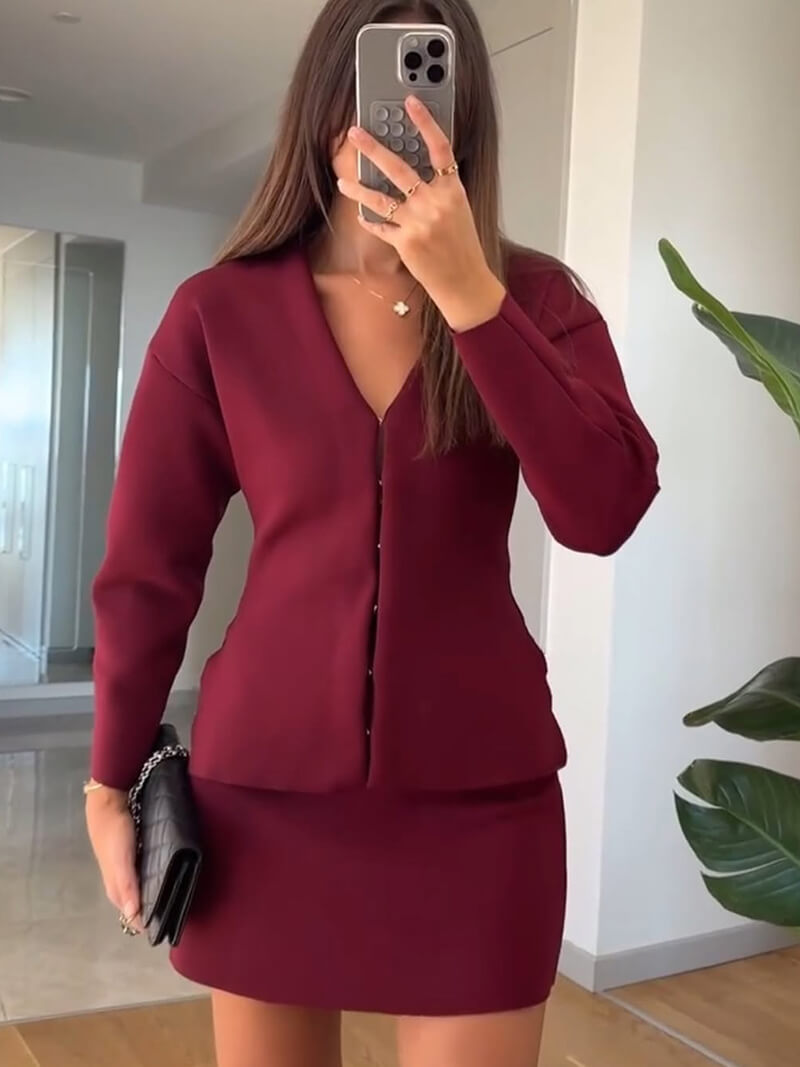 Getailleerde Gebreide Dames Top-en-Rok Set met V-Hals en Haaksluiting