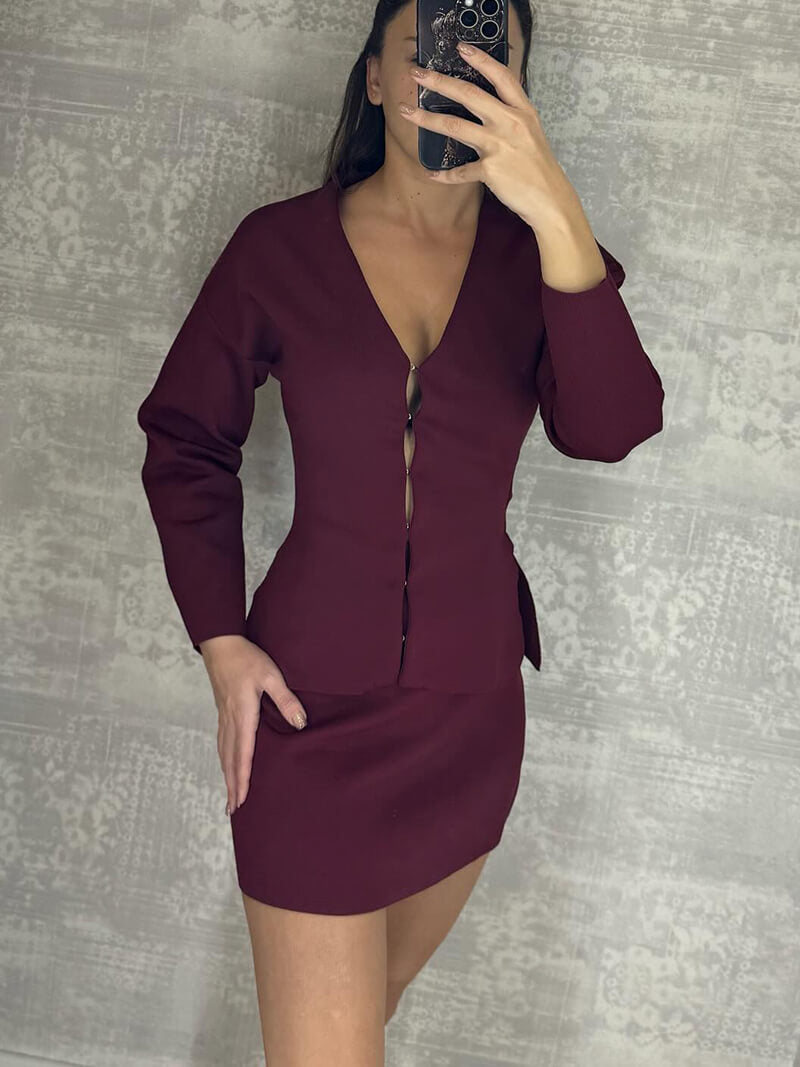 Getailleerde Gebreide Dames Top-en-Rok Set met V-Hals en Haaksluiting