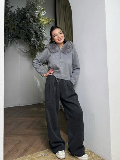 Zacht Fleece Jas voor Dames met Imitatiebontkraag en Ritssluiting