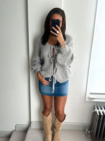 Gebreide Dames Cardigan Met Striksluiting En Lange Mouwen