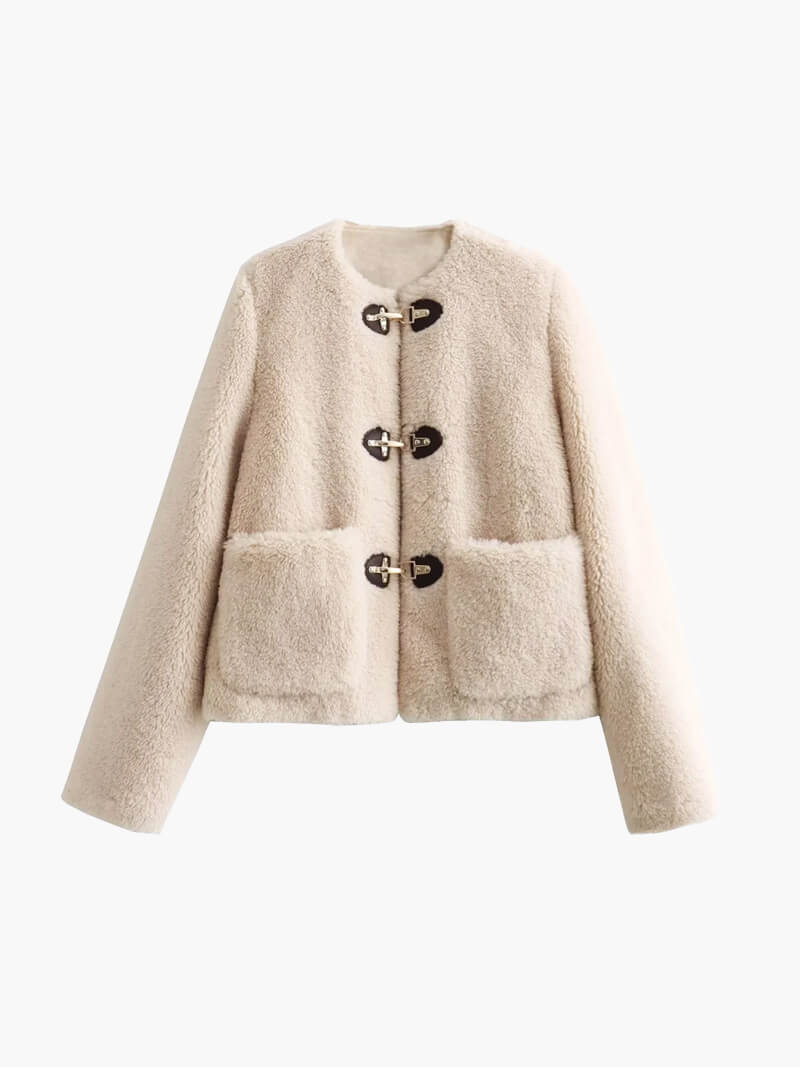 Beige Dames Teddy Fleece Jas met Toggle-Sluiting en Grote Zakken