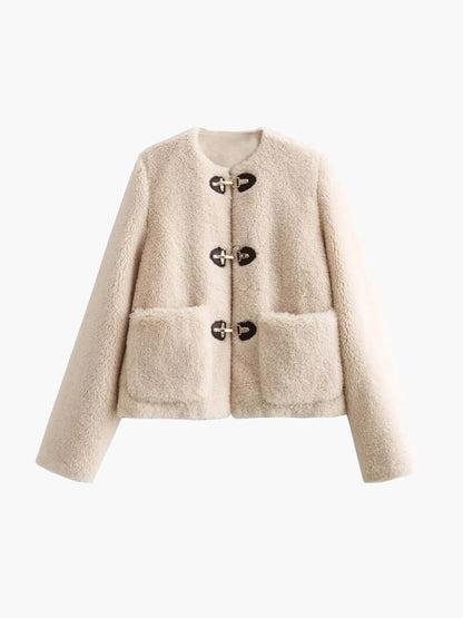 Beige Dames Teddy Fleece Jas met Toggle-Sluiting en Grote Zakken