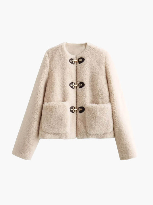 Beige Dames Teddy Fleece Jas met Toggle-Sluiting en Grote Zakken
