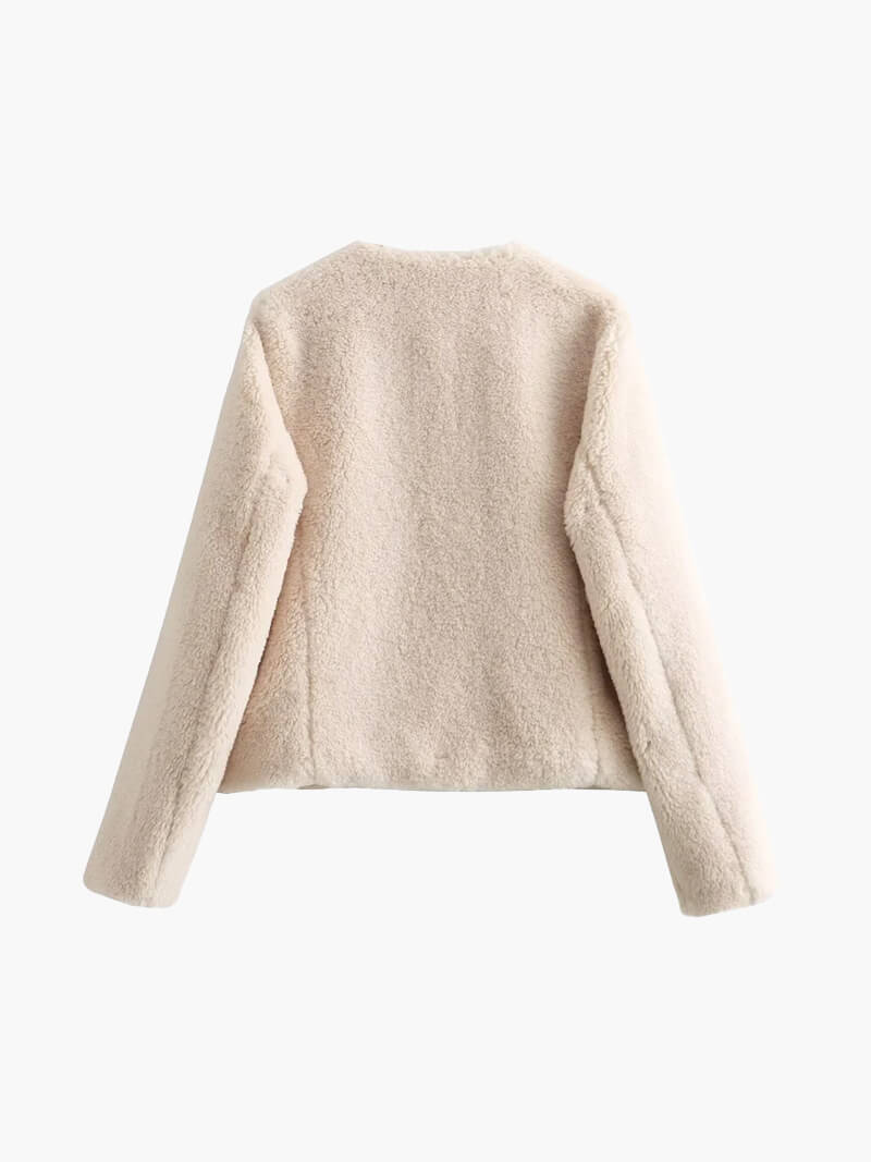 Beige Dames Teddy Fleece Jas met Toggle-Sluiting en Grote Zakken