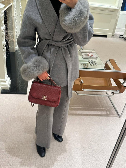 Dames Wollen Mantel met Sjaalkraag Ceintuur en Imitatiebont Manchetten