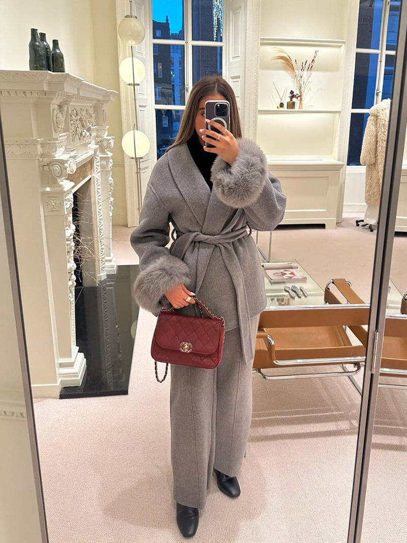Dames Wollen Mantel met Sjaalkraag Ceintuur en Imitatiebont Manchetten