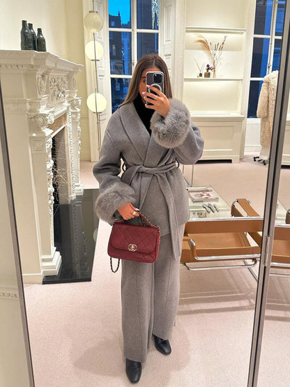 Dames Wollen Mantel met Sjaalkraag Ceintuur en Imitatiebont Manchetten