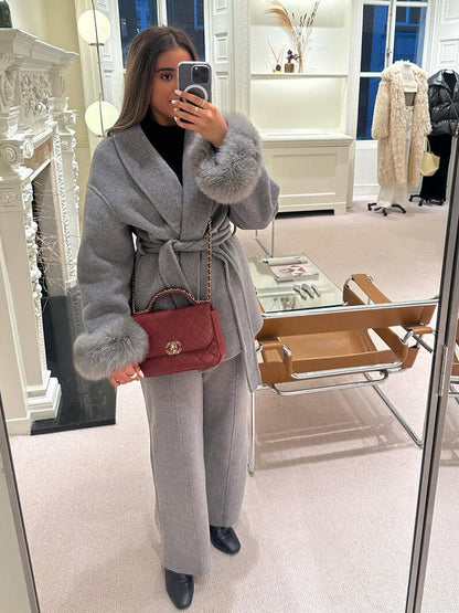 Dames Wollen Mantel met Sjaalkraag Ceintuur en Imitatiebont Manchetten