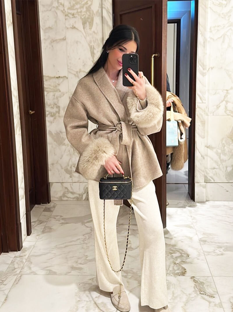 Dames Wollen Mantel met Sjaalkraag Ceintuur en Imitatiebont Manchetten