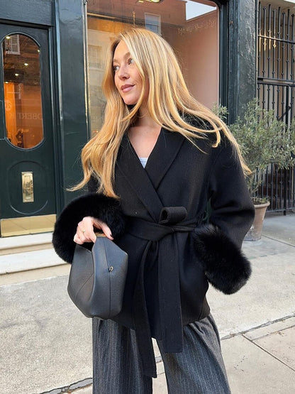 Dames Wollen Mantel met Sjaalkraag Ceintuur en Imitatiebont Manchetten