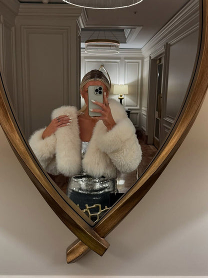 Witte Dames Fleecejack met Oversized Capuchon en Imitatiebont