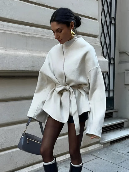 Elegante Dames Blazer van Wolmix met Ceintuur Kimono-stijl en Wijde Mouwen