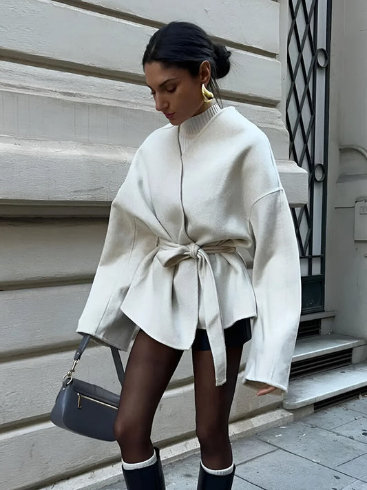 Elegante Dames Blazer van Wolmix met Ceintuur Kimono-stijl en Wijde Mouwen