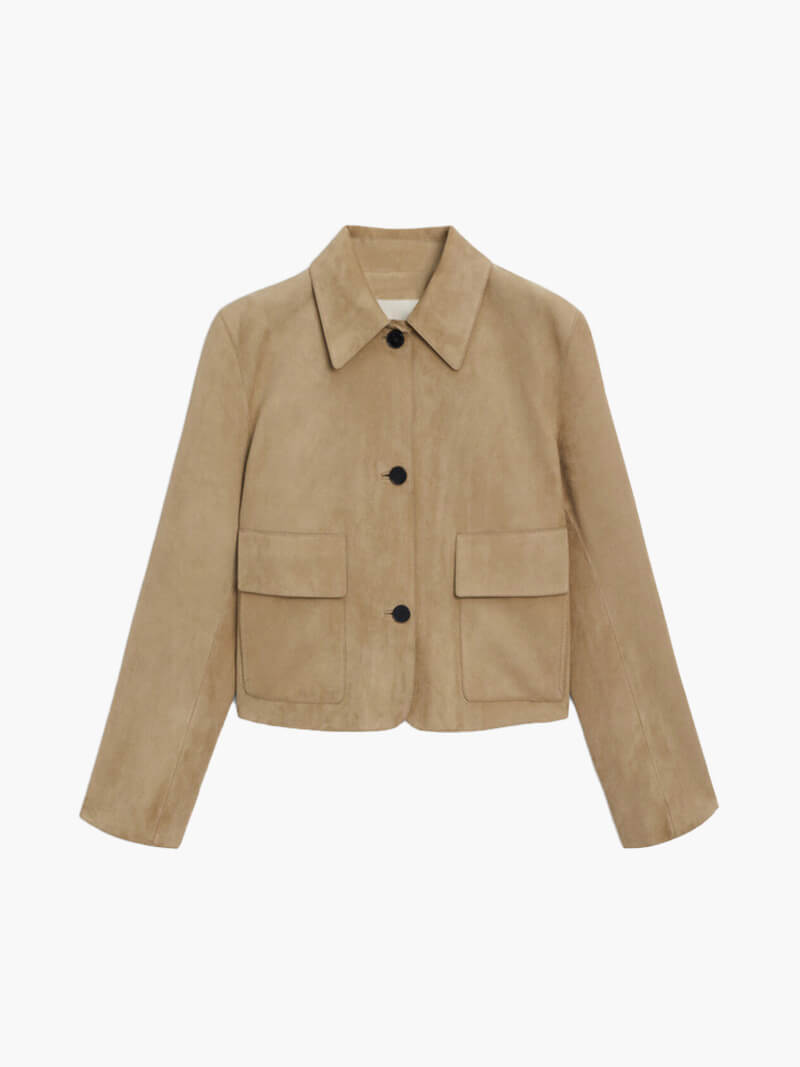 Dames Korte Leren Jas Beige Suède Look Met Klepzakken