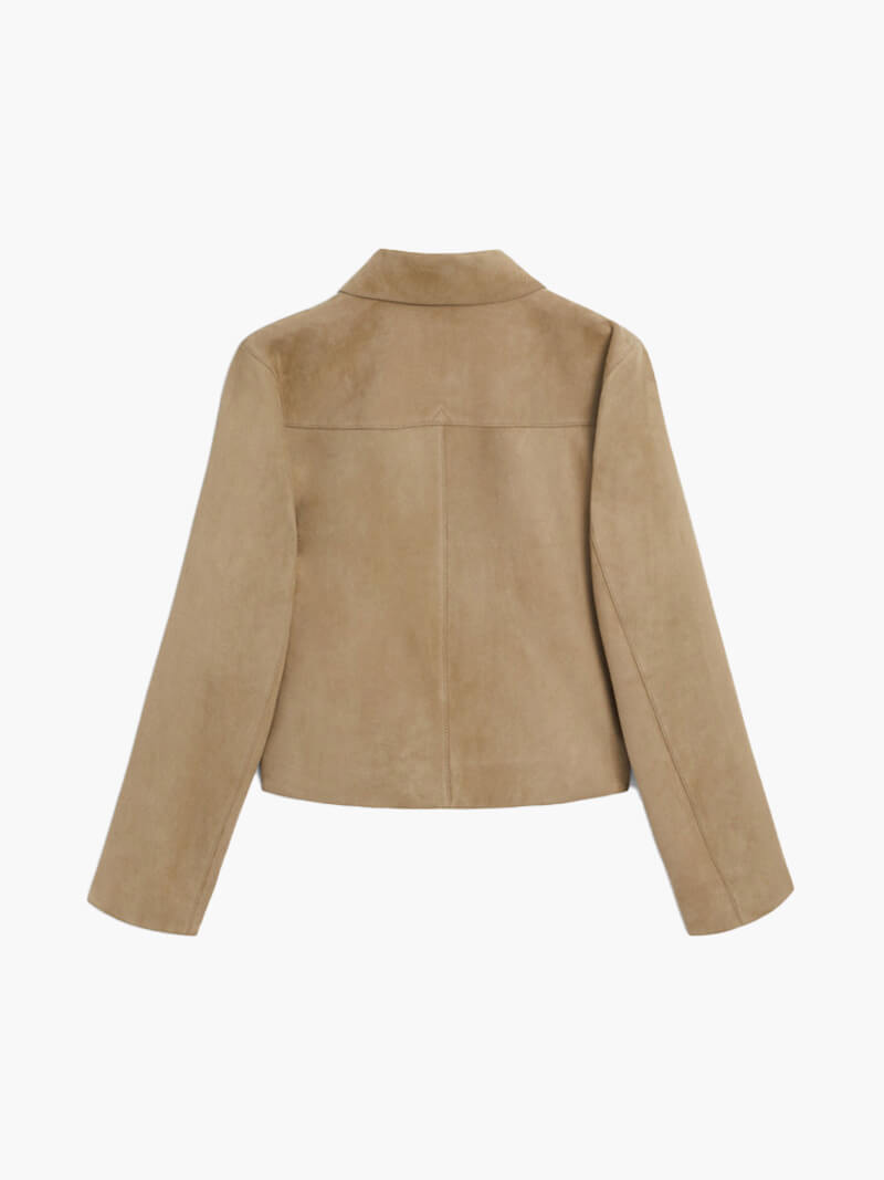 Dames Korte Leren Jas Beige Suède Look Met Klepzakken