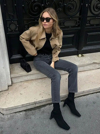 Dames Korte Leren Jas Beige Suède Look Met Klepzakken