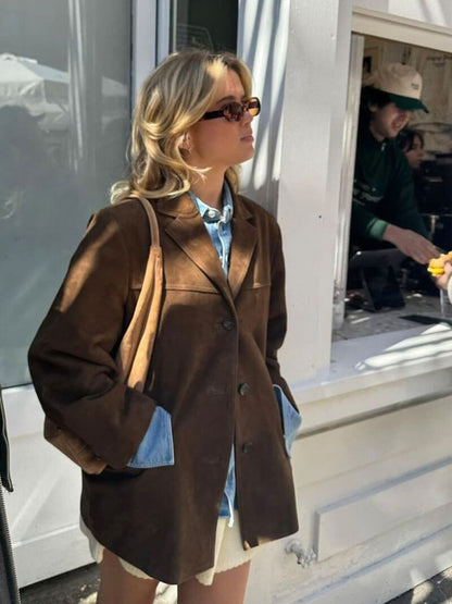 Bruin Dames Blazer in Suède-look Oversized Pasvorm met Klepzakken