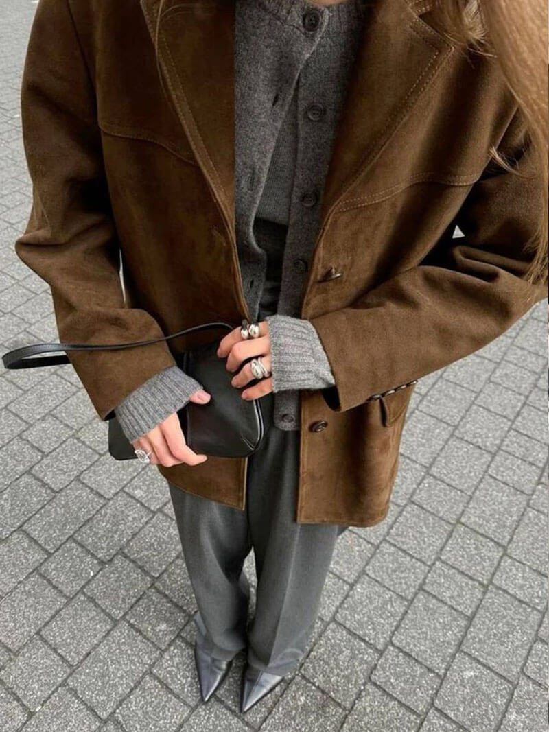 Bruin Dames Blazer in Suède-look Oversized Pasvorm met Klepzakken