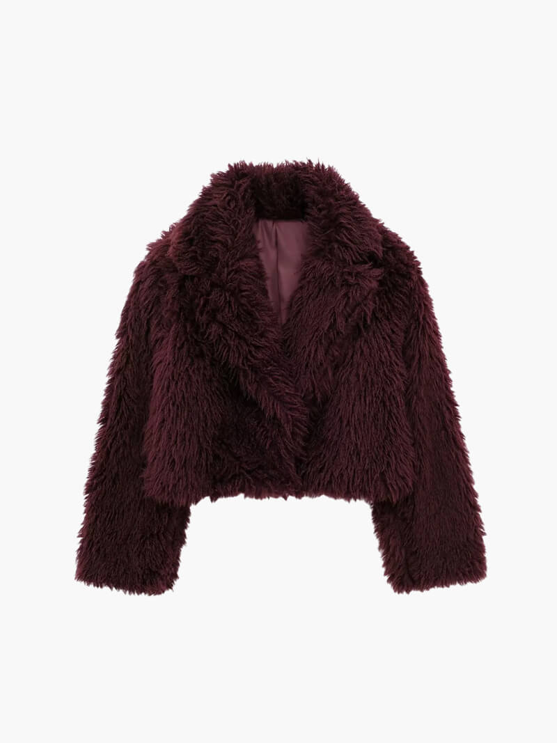 Bordeauxrode Faux Fur Damesjas Zacht Warm en Cropped