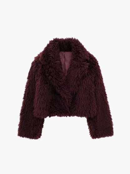 Bordeauxrode Faux Fur Damesjas Zacht Warm en Cropped
