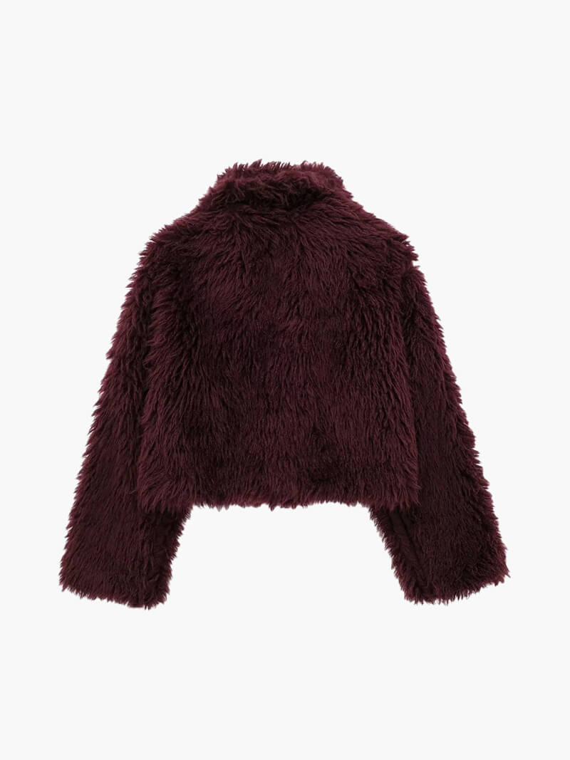 Bordeauxrode Faux Fur Damesjas Zacht Warm en Cropped