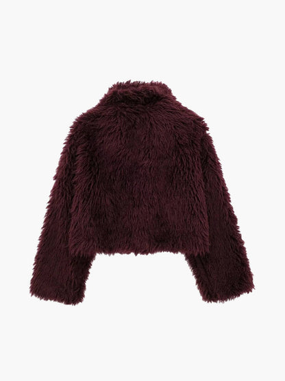 Bordeauxrode Faux Fur Damesjas Zacht Warm en Cropped