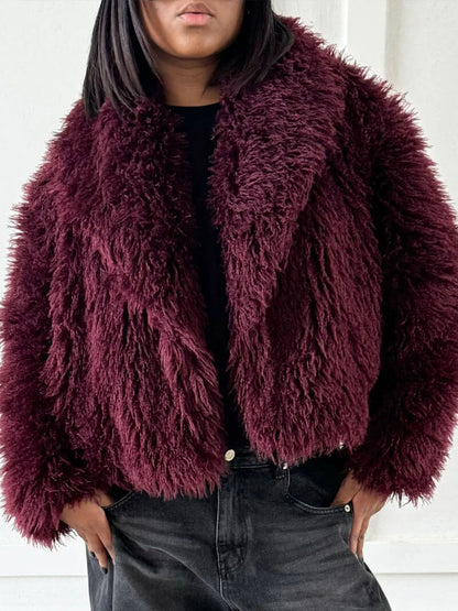 Bordeauxrode Faux Fur Damesjas Zacht Warm en Cropped