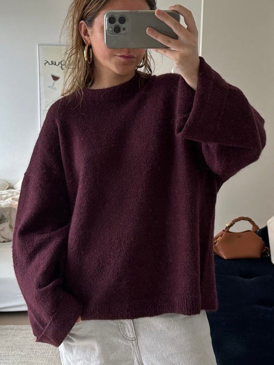 Bordeaux Dames Pullover Oversized Zachte Trui met Ronde Hals