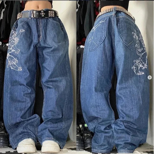 Dames Denim Baggy Jeans met Cargozakken en Wijde Pijpen