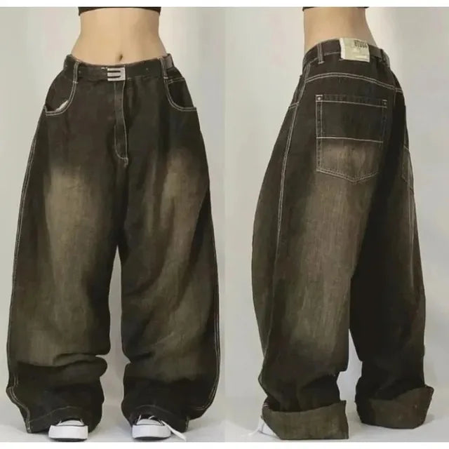 Unisex Retro Baggy Cargo Jeans Met Wijde Pijpen En Zakken