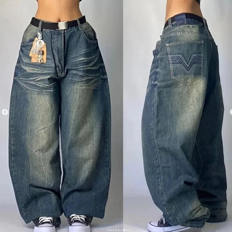 Unisex Retro Baggy Cargo Jeans Met Wijde Pijpen En Zakken