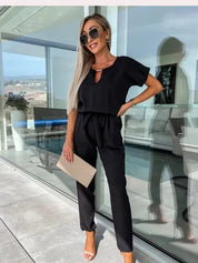 Dames Jumpsuit Met Korte Mouwen En Tailleband