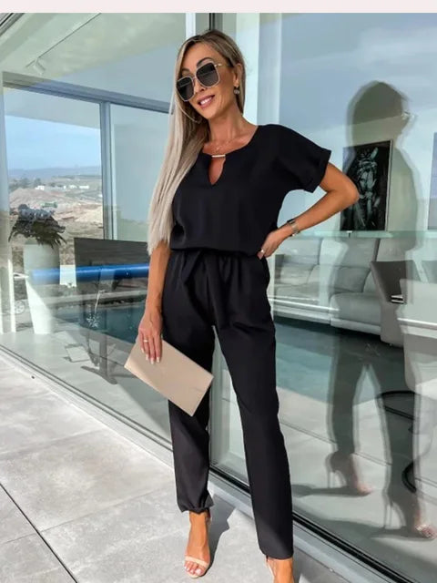 Dames Jumpsuit Met Korte Mouwen En Tailleband