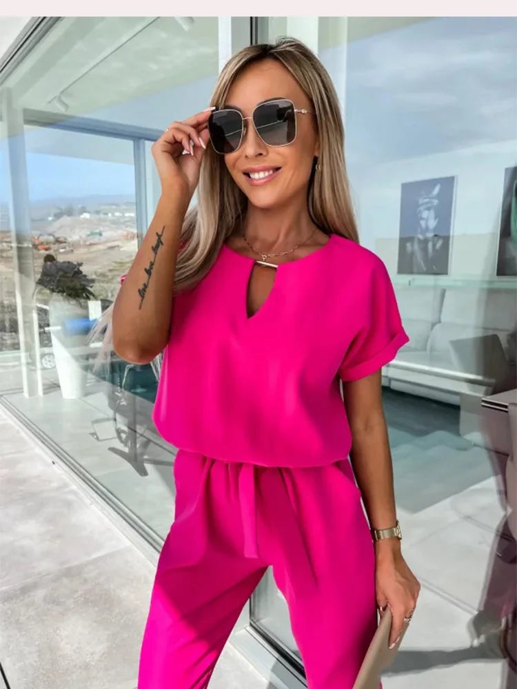 Dames Jumpsuit Met Korte Mouwen En Tailleband