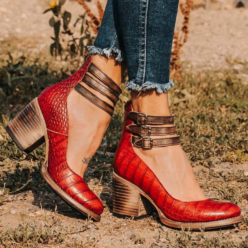Vintage Women's Pumps with Strap Buckles and Block Heel
