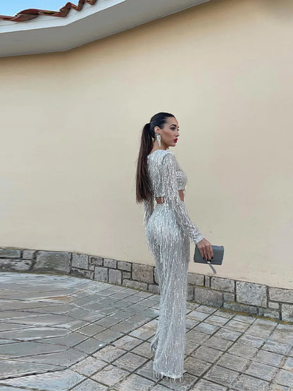 Glitter Pailletten Vrouwen Tweedelige Set Met High Waist Broek